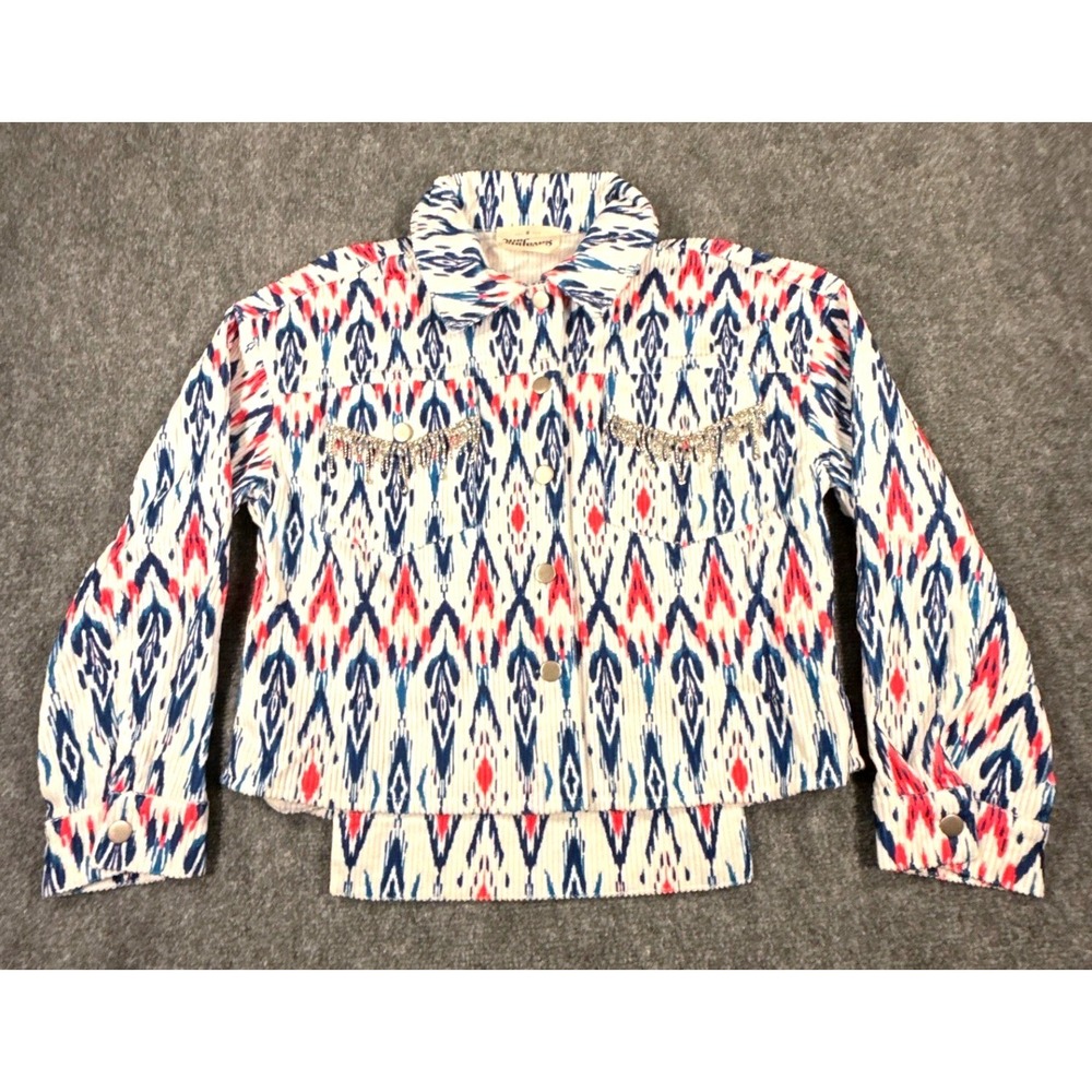 Savannah Jane Womens Ikat Corduroy Jacket Rhinestone Fringe Blue Red White Small